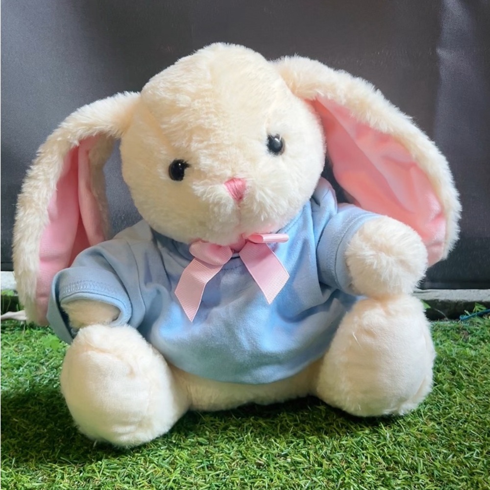 Plush Bunny with Blue Sweater and Pink Ears